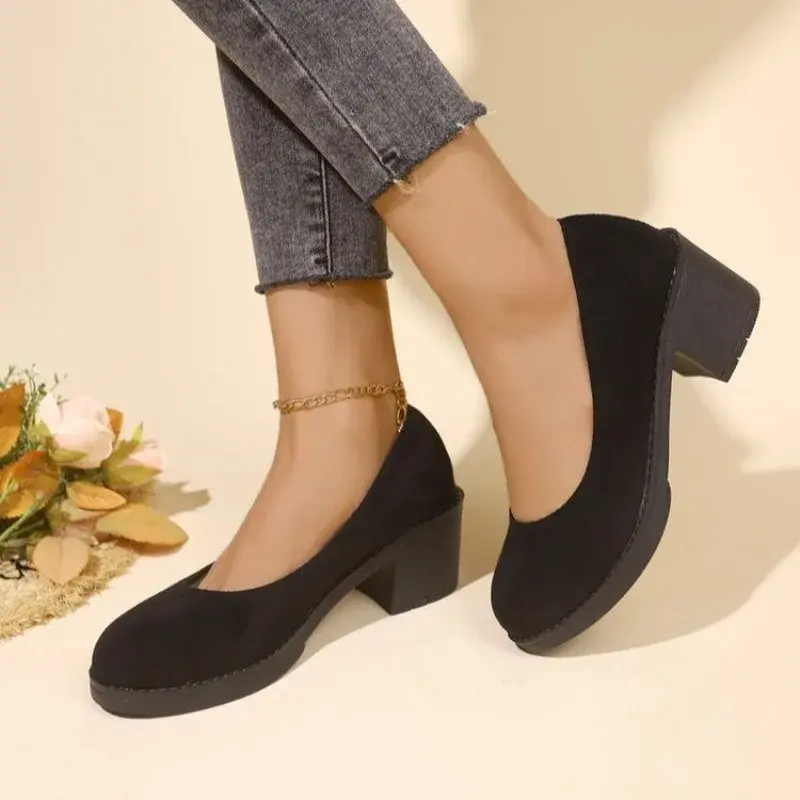 2024 New Spring And Autumn Fashion Women's  Sole Buckle Thick Heel Shallow Mouth Sexy Back Elevated Shoes