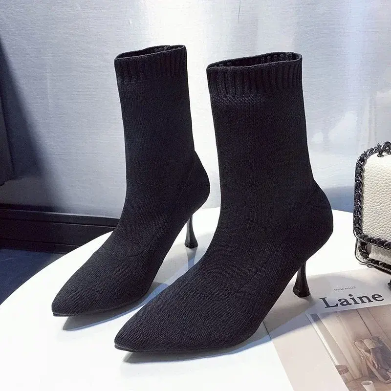 Socks Boots Women Stretch Fabric Elastic Stilettos Heel Sexy Pointed Toe Ankle Boots  Shoes Woman Thin Heels Party  shoes