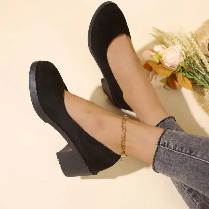 2024 New Spring And Autumn Fashion Women's  Sole Buckle Thick Heel Shallow Mouth Sexy Back Elevated Shoes