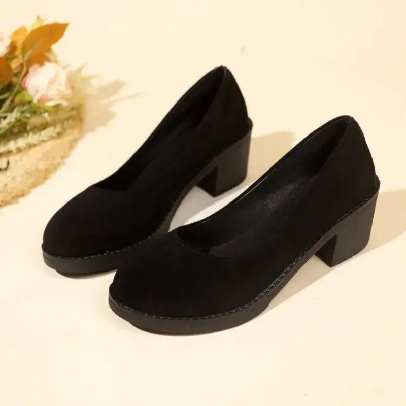 2024 New Spring And Autumn Fashion Women's  Sole Buckle Thick Heel Shallow Mouth Sexy Back Elevated Shoes