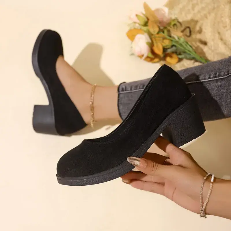 2024 New Spring And Autumn Fashion Women's  Sole Buckle Thick Heel Shallow Mouth Sexy Back Elevated Shoes