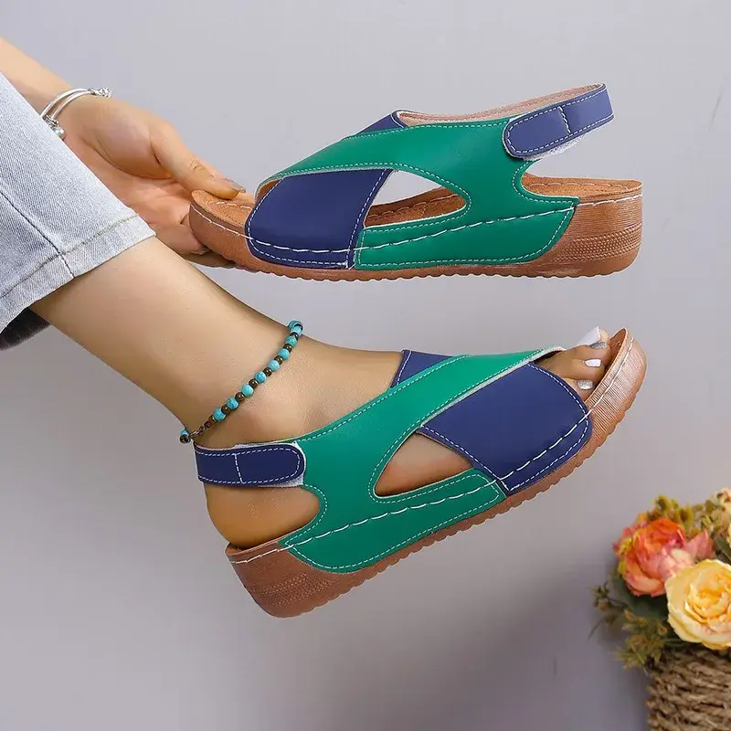 New Women's Contrast Color Wedge Sandals Summer Peep Toe Non Slip Beach Shoes Woman Comfortable Platform Roman Sandalias Mujer