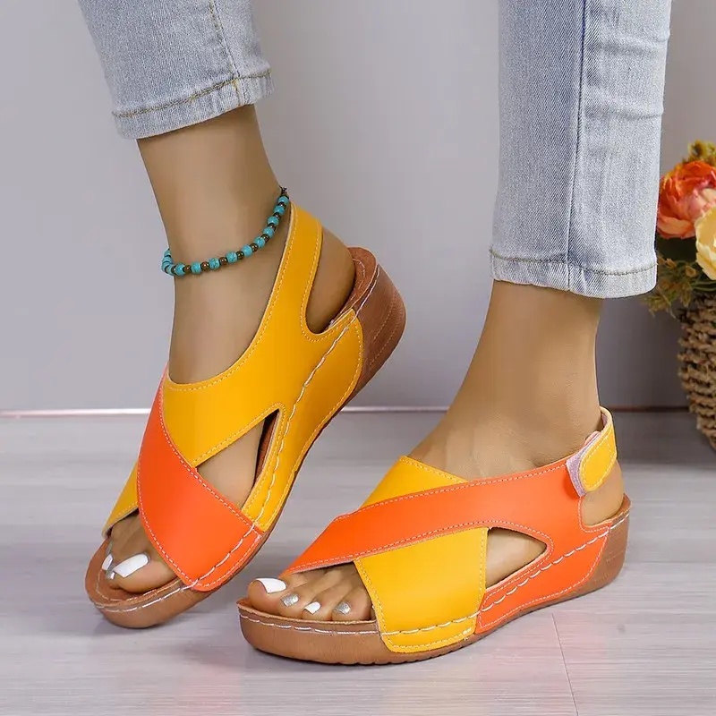 New Women's Contrast Color Wedge Sandals Summer Peep Toe Non Slip Beach Shoes Woman Comfortable Platform Roman Sandalias Mujer