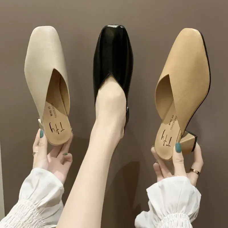 Baotou Half Slippers Women 2024 Summer New Outer Wear Fashion Solid Color Square Toe Thick Heel High-heeled Women's Shoes