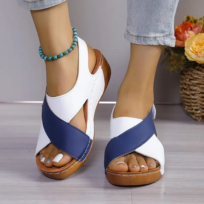 New Women's Contrast Color Wedge Sandals Summer Peep Toe Non Slip Beach Shoes Woman Comfortable Platform Roman Sandalias Mujer