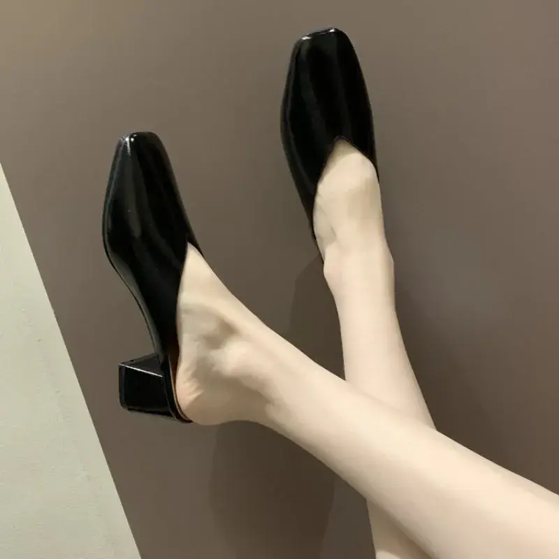Baotou Half Slippers Women 2024 Summer New Outer Wear Fashion Solid Color Square Toe Thick Heel High-heeled Women's Shoes