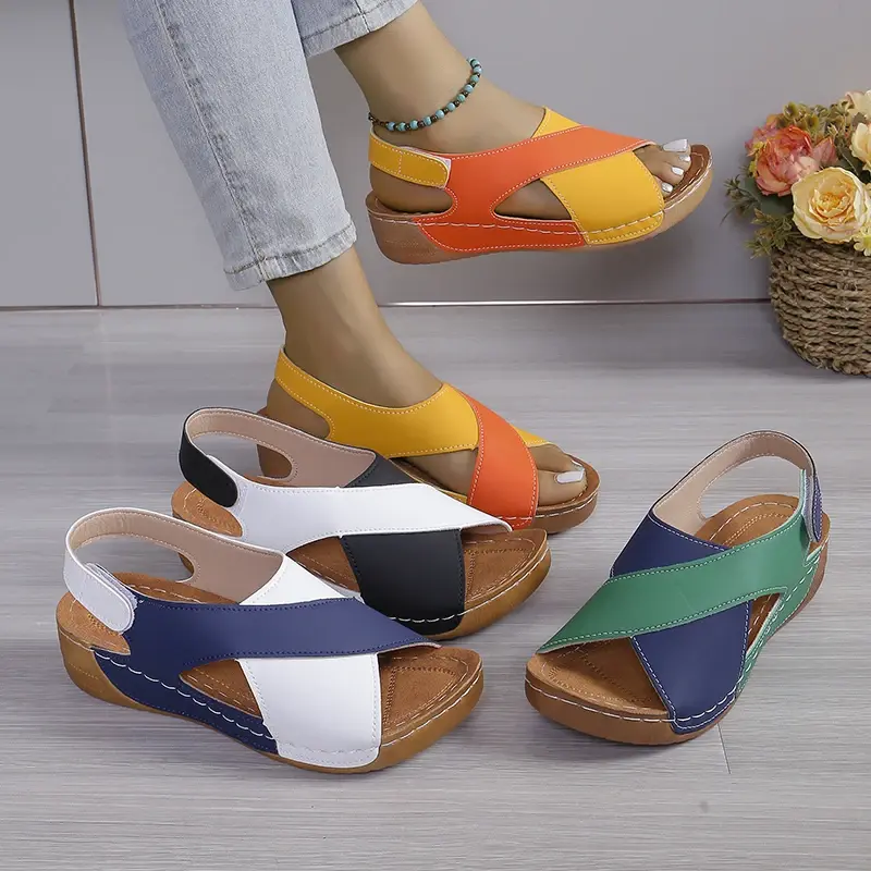 New Women's Contrast Color Wedge Sandals Summer Peep Toe Non Slip Beach Shoes Woman Comfortable Platform Roman Sandalias Mujer