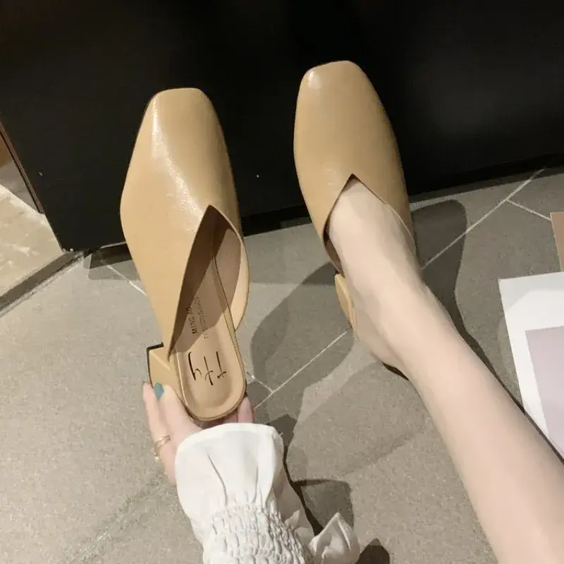 Baotou Half Slippers Women 2024 Summer New Outer Wear Fashion Solid Color Square Toe Thick Heel High-heeled Women's Shoes