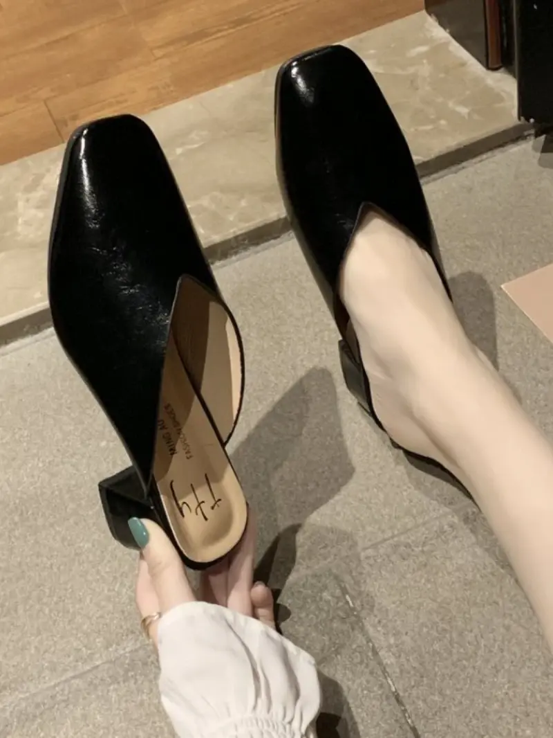 Baotou Half Slippers Women 2024 Summer New Outer Wear Fashion Solid Color Square Toe Thick Heel High-heeled Women's Shoes