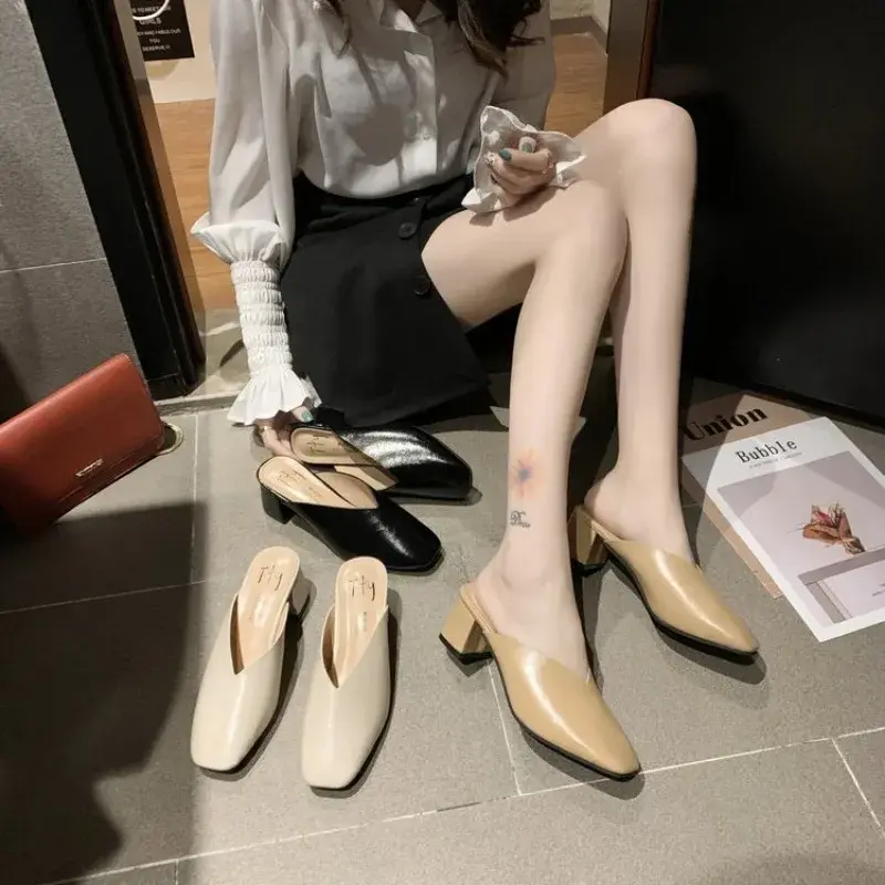 Baotou Half Slippers Women 2024 Summer New Outer Wear Fashion Solid Color Square Toe Thick Heel High-heeled Women's Shoes