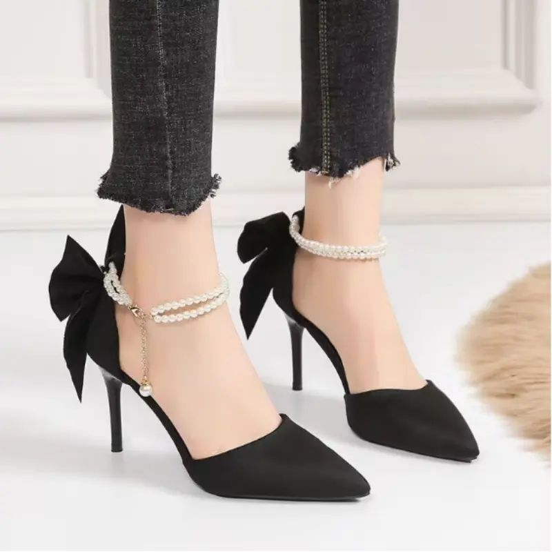 Red wedding shoes new pointy stiletto high heels female shallow mouth bow pearl one word buckle strap two wear bride shoes