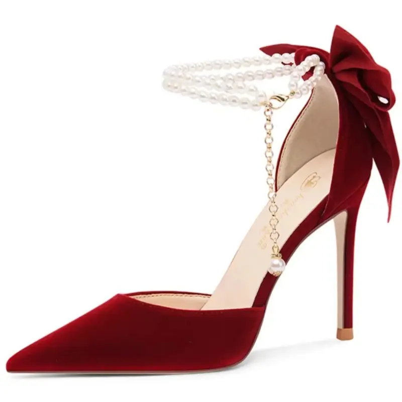 Red wedding shoes new pointy stiletto high heels female shallow mouth bow pearl one word buckle strap two wear bride shoes