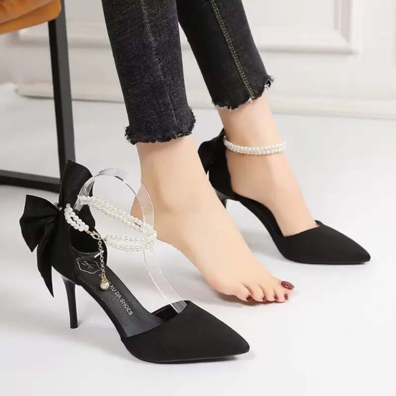 Red wedding shoes new pointy stiletto high heels female shallow mouth bow pearl one word buckle strap two wear bride shoes
