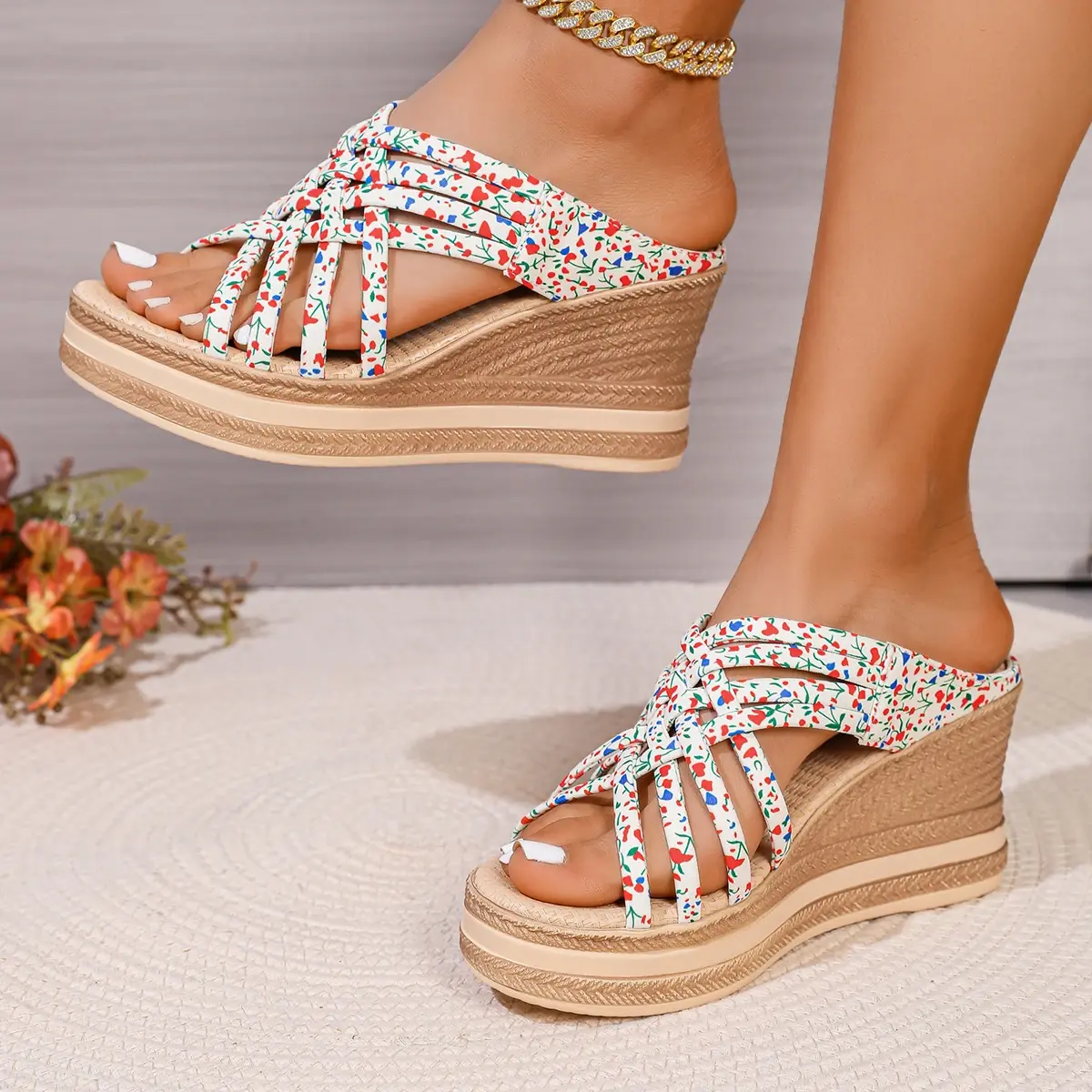 2025 Summer New Women Flat Sandals Outdoor Fashionable Wedge Heel Thick Sole Heightening Women's Shoes Sandalias