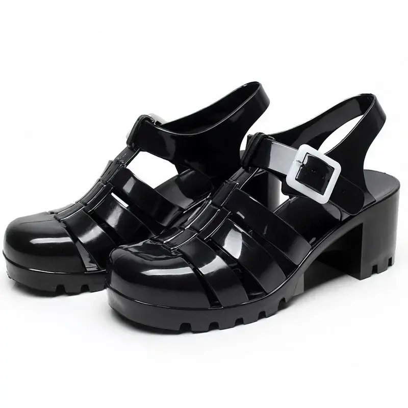 Korean Style Women's Summer Plastic High Heeled Anti-Slip Waterproof Rain Shoes Transparent Crystal Jelly Sandals Beach Shoes