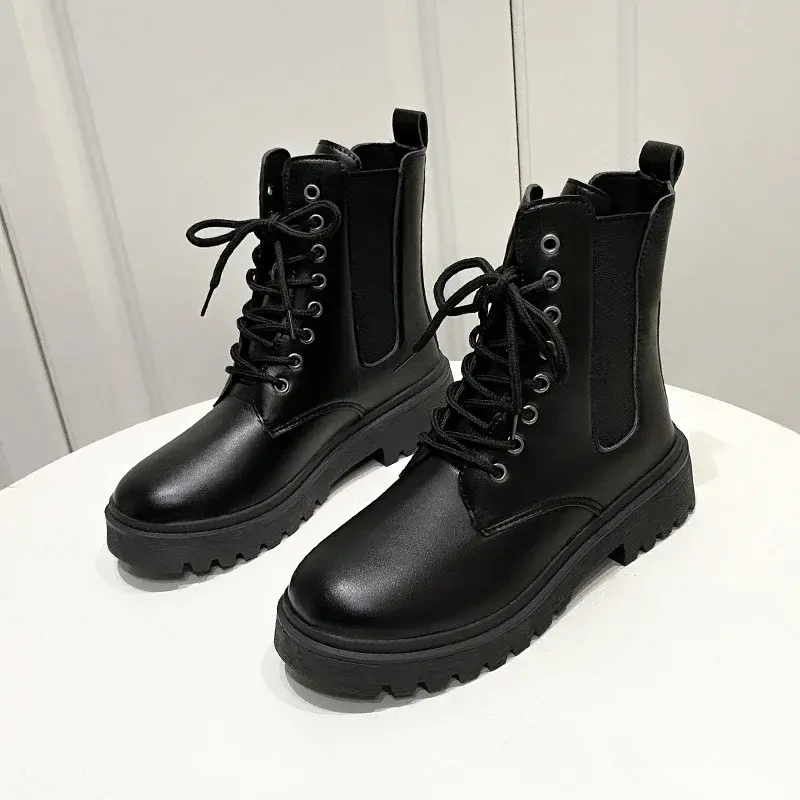 Women 2025 Autumn New Tooling Boots Lady Anti Slip Waterproof Lace Up Short Boots Students Casual Thick Heel Knight Boots