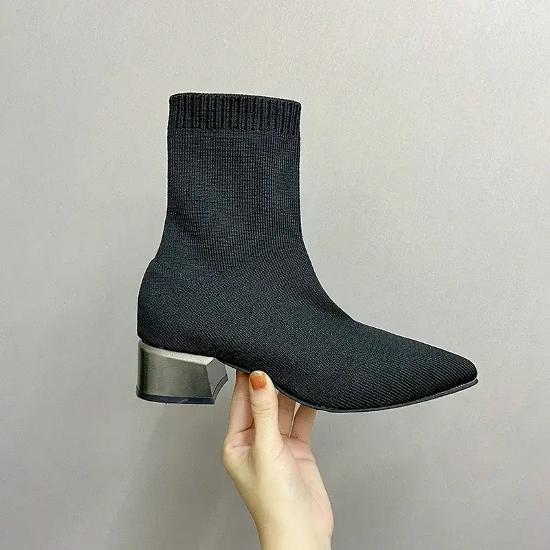 Women's Knitted Ankle Boots Pointed Toe Stretchy Chunky med Heels Fashion Sock Short Botas  womens boots