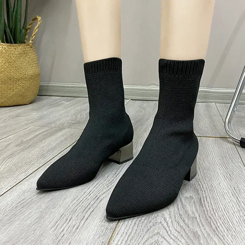 Women's Knitted Ankle Boots Pointed Toe Stretchy Chunky med Heels Fashion Sock Short Botas  womens boots
