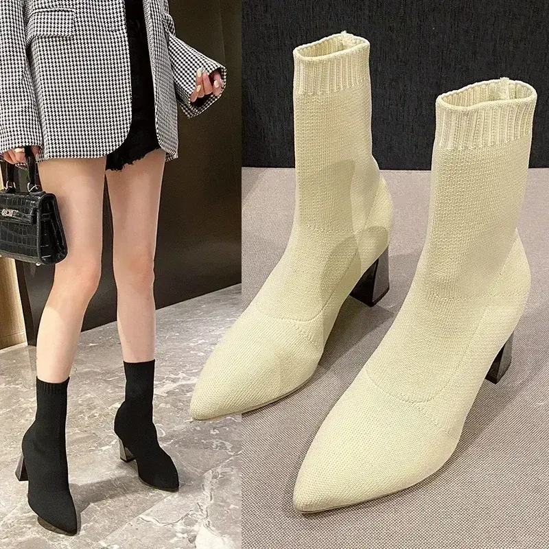 2024 New Women's Pointed Fashion Slim Socks and Boots Casual Fashion Thick High Heel Socks and Boots