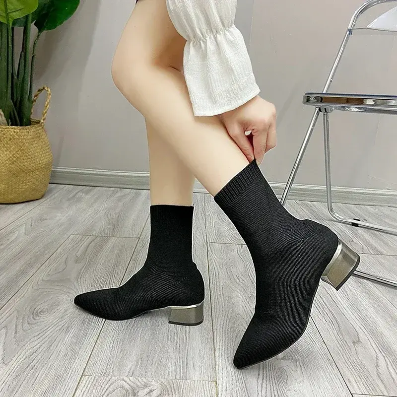 Women's Knitted Ankle Boots Pointed Toe Stretchy Chunky med Heels Fashion Sock Short Botas  womens boots