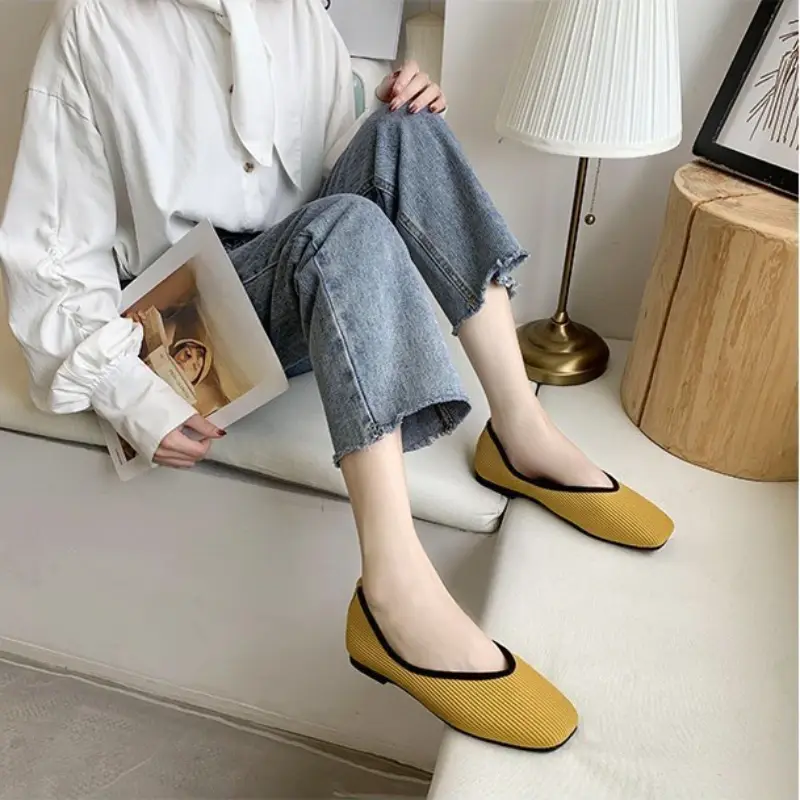 2024 Cotton Fabric Flats Shoes Women Yellow Ballerina Socks Shoes Women Slip on Flat Heel Shoes Plus Size 43