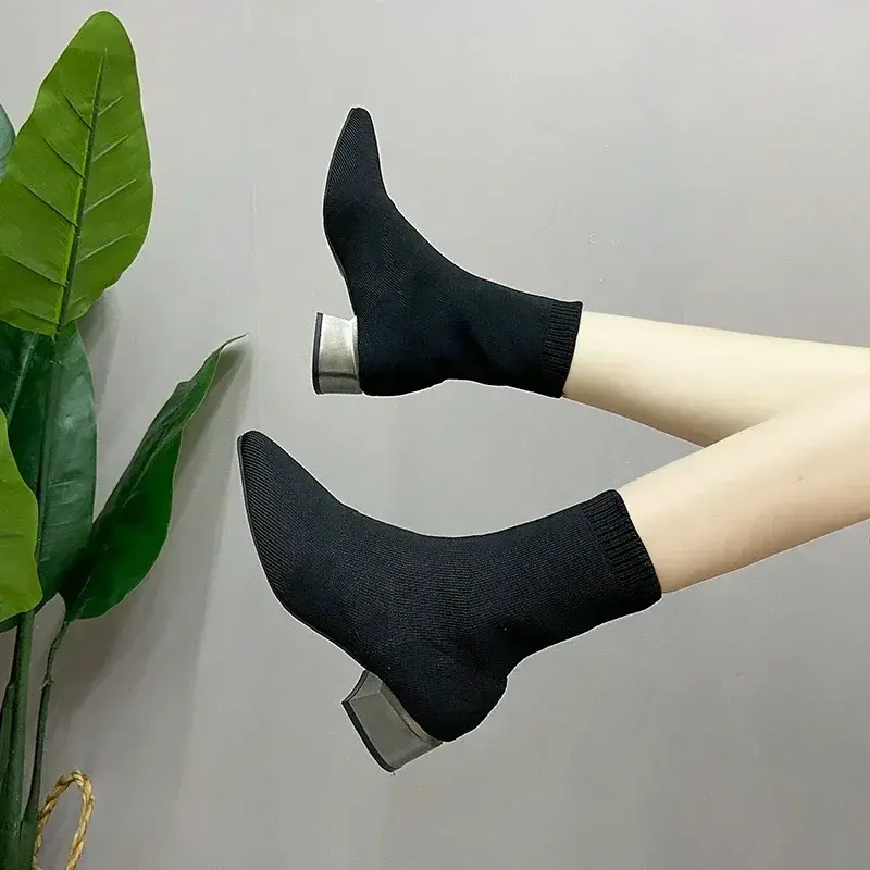 Women's Knitted Ankle Boots Pointed Toe Stretchy Chunky med Heels Fashion Sock Short Botas  womens boots