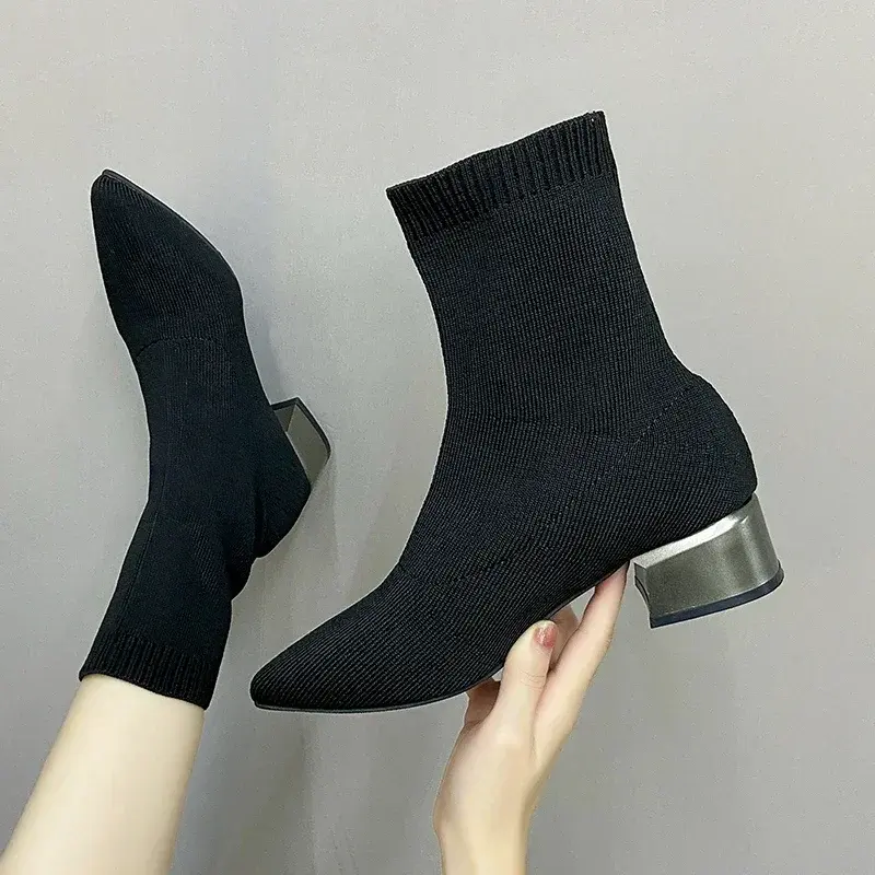 Women's Knitted Ankle Boots Pointed Toe Stretchy Chunky med Heels Fashion Sock Short Botas  womens boots