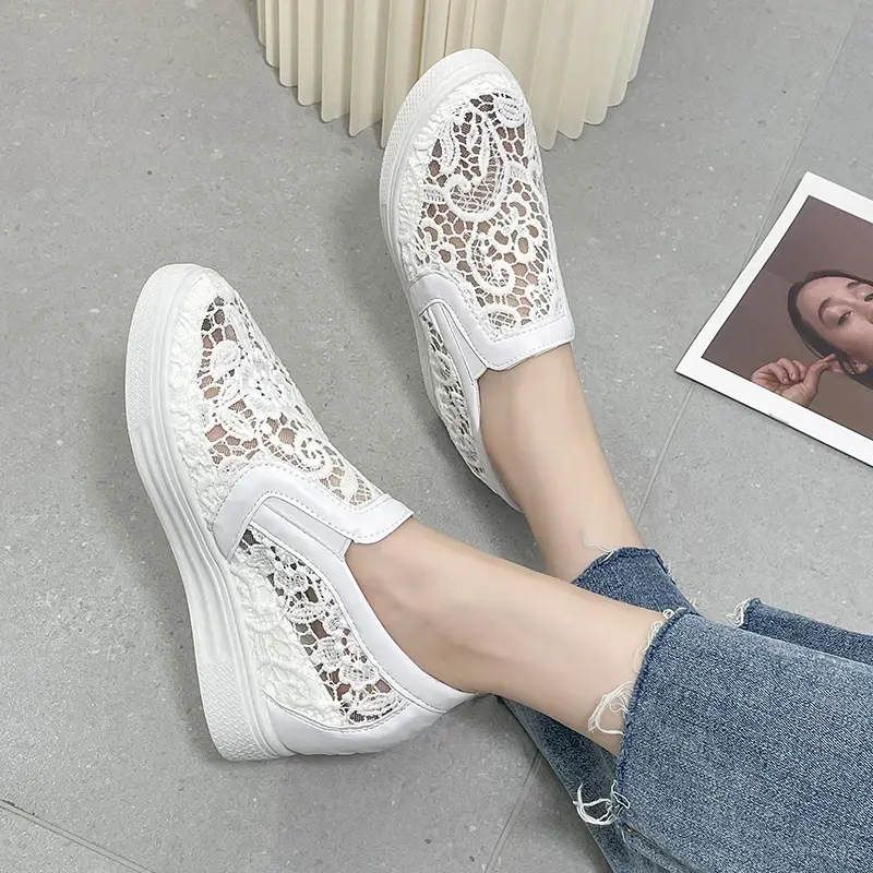 Women Wedge Platform Sneakers Rubber Leather High heels Lace Up Shoes Pointed Toe Height Increasing Creepers White 2025
