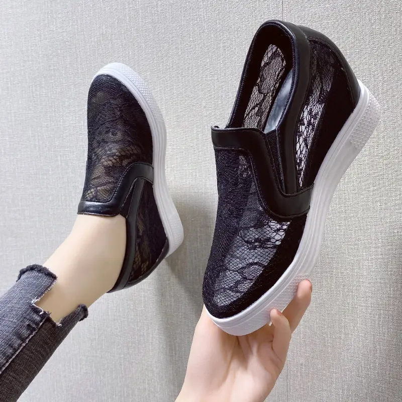 Women Wedge Platform Sneakers Rubber Leather High heels Lace Up Shoes Pointed Toe Height Increasing Creepers White 2025