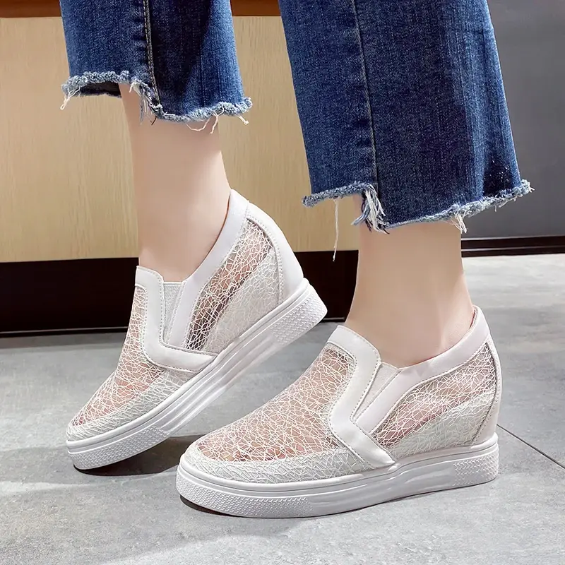 Women Wedge Platform Sneakers Rubber Leather High heels Lace Up Shoes Pointed Toe Height Increasing Creepers White 2025