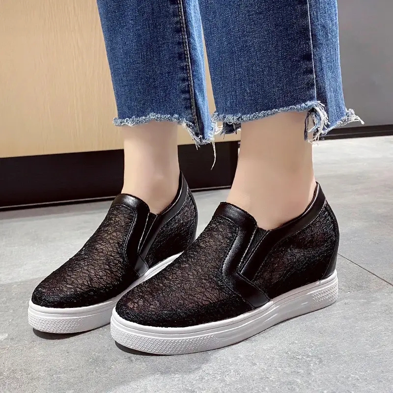 Women Wedge Platform Sneakers Rubber Leather High heels Lace Up Shoes Pointed Toe Height Increasing Creepers White 2025
