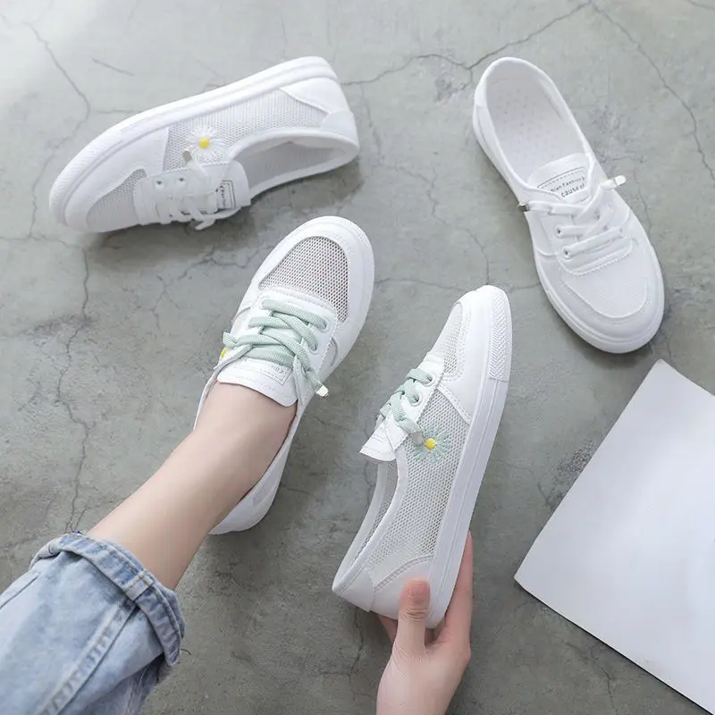 Women Spring Summer Flats Sneakers Mesh Breathable Lace Up Tennis Casual Light Hollow Femininos White Comfort shoes
