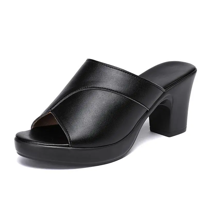 Women Summer New High-heeled Waterproof Platform Sandals Female Thick-heeled Slippers Bright Leather Solid Color Casual Shoes