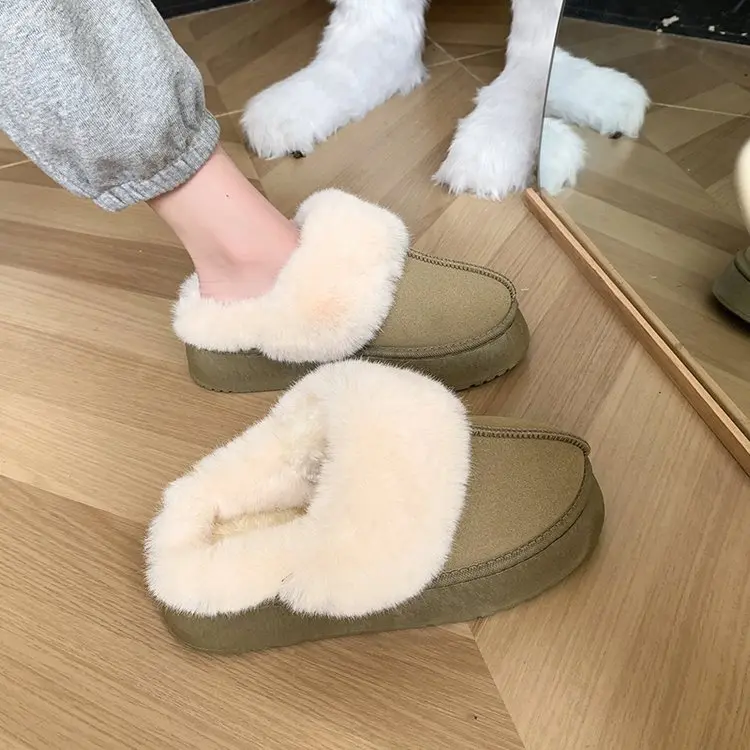 Winter Brand Plush Cotton Slippers Women Flats Shoes New Fashion Platform Casual Home Suede Fur Warm Slingback Flip Flops