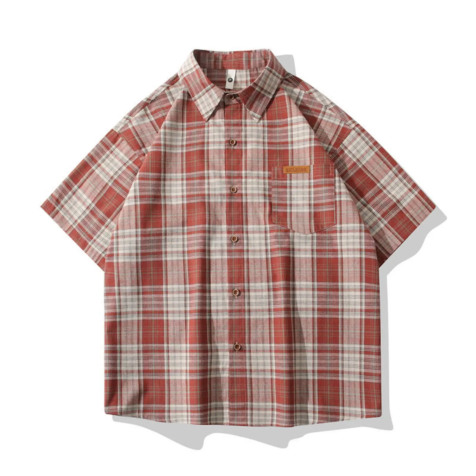 Men's Vintage Plaid Casual Shirts Loose Casual Short Sleeved Lapel Neck Button Down Front Chest Pockets Fashionable Trendy Shirt