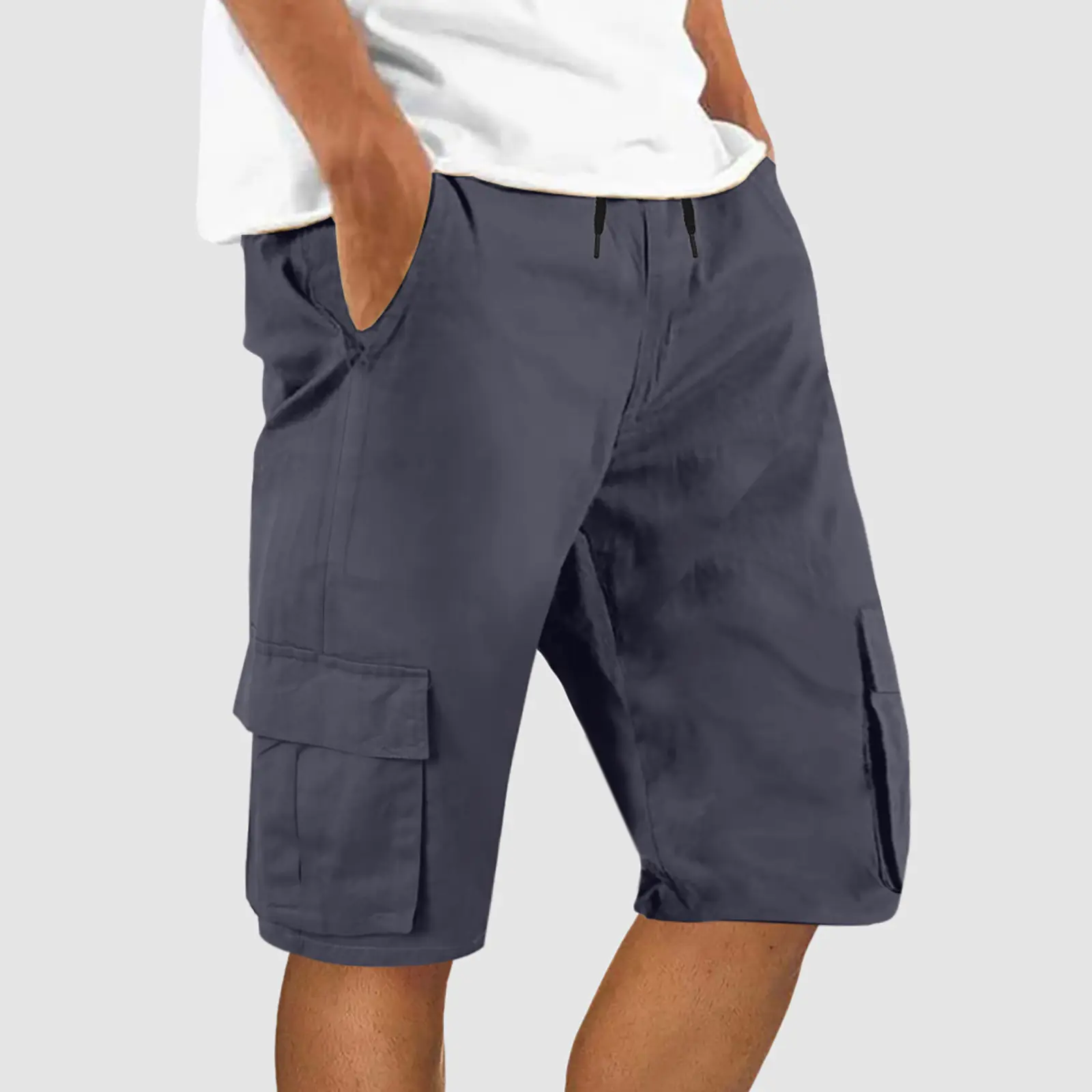 Men's Straight Leg Loose Cargo Shorts Elastic Waist Tie Solid Stretchy Multi Pockets Outdoor Sports Knee Length Jogging Shorts