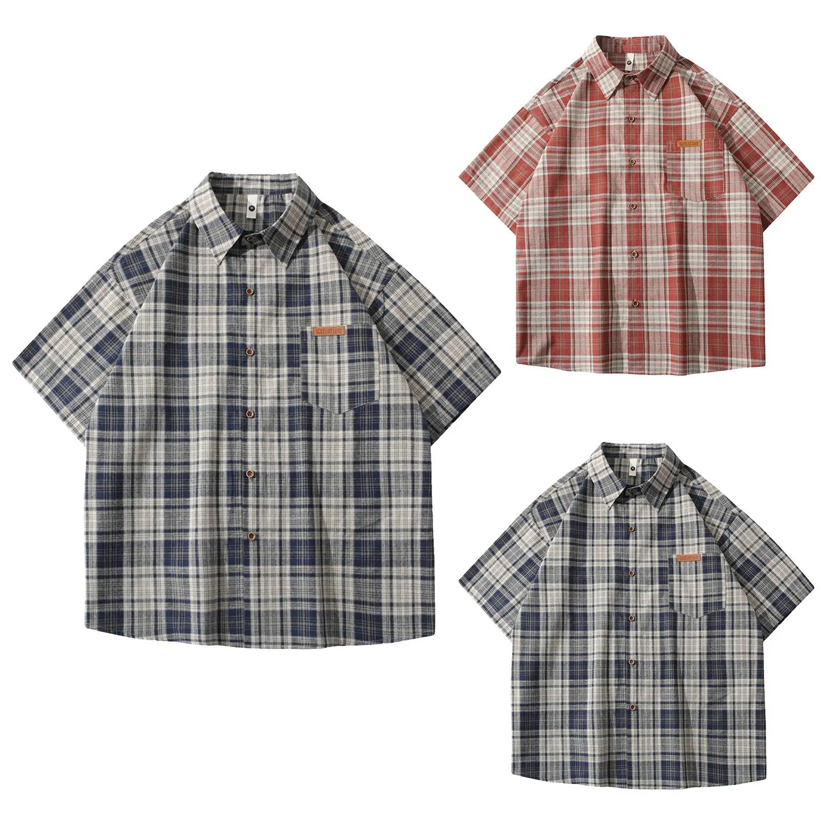 Men's Vintage Plaid Casual Shirts Loose Casual Short Sleeved Lapel Neck Button Down Front Chest Pockets Fashionable Trendy Shirt