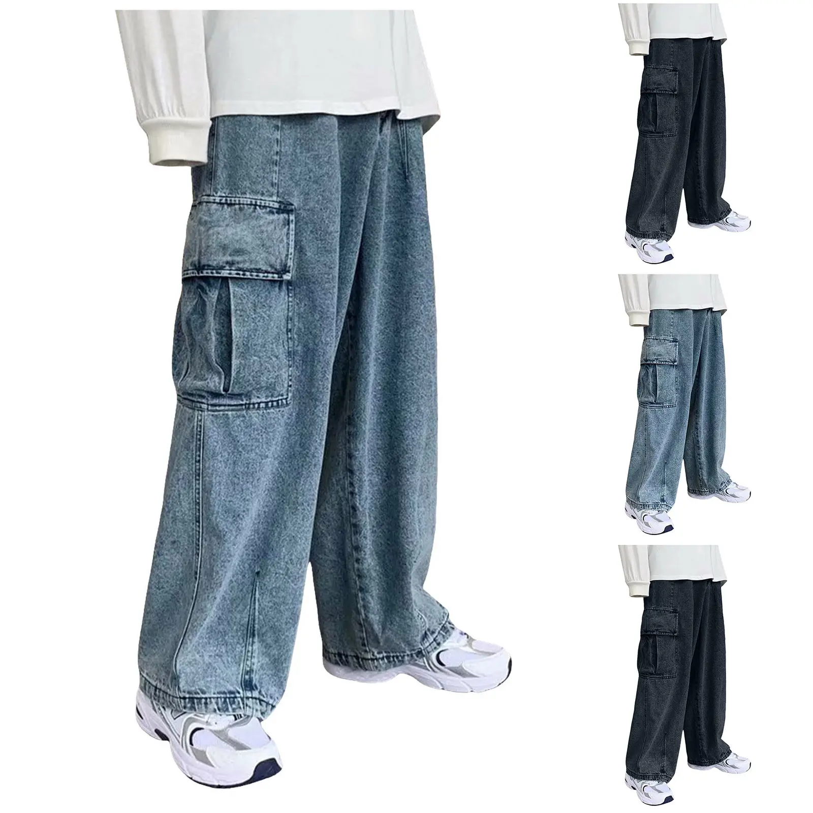 Men Straight Leg Denim Pants Baggy Loose Wide Leg Multi Pocket Denim Trouser Plus Size Baggy Fashion Outgoing Denim Trousers