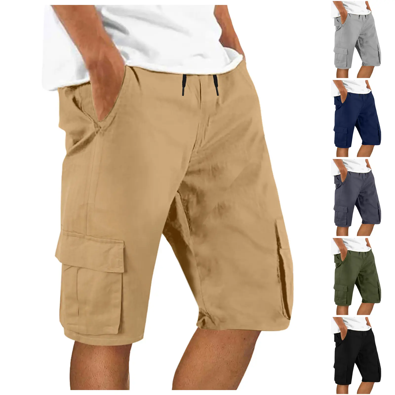 Men's Straight Leg Loose Cargo Shorts Elastic Waist Tie Solid Stretchy Multi Pockets Outdoor Sports Knee Length Jogging Shorts
