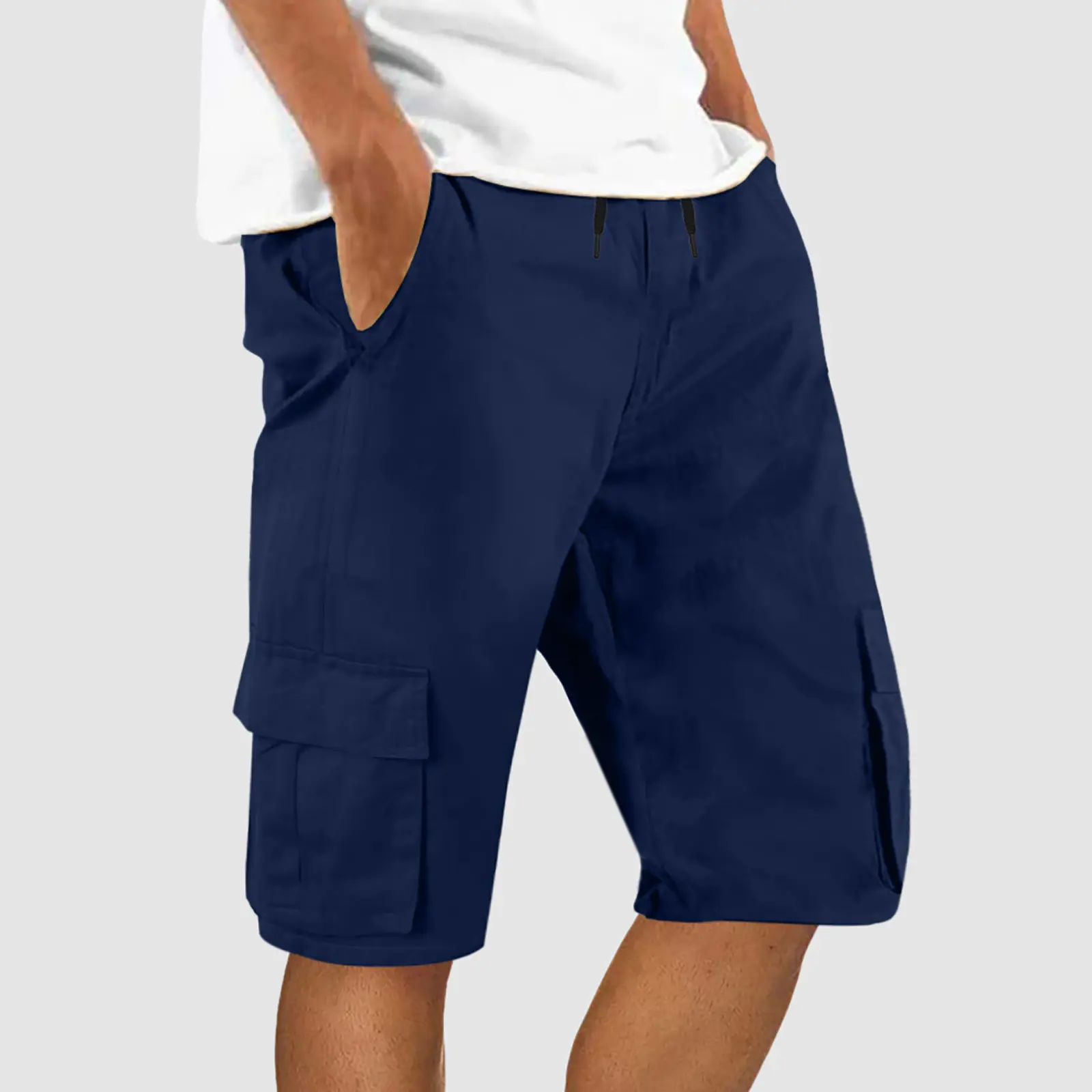 Men's Straight Leg Loose Cargo Shorts Elastic Waist Tie Solid Stretchy Multi Pockets Outdoor Sports Knee Length Jogging Shorts