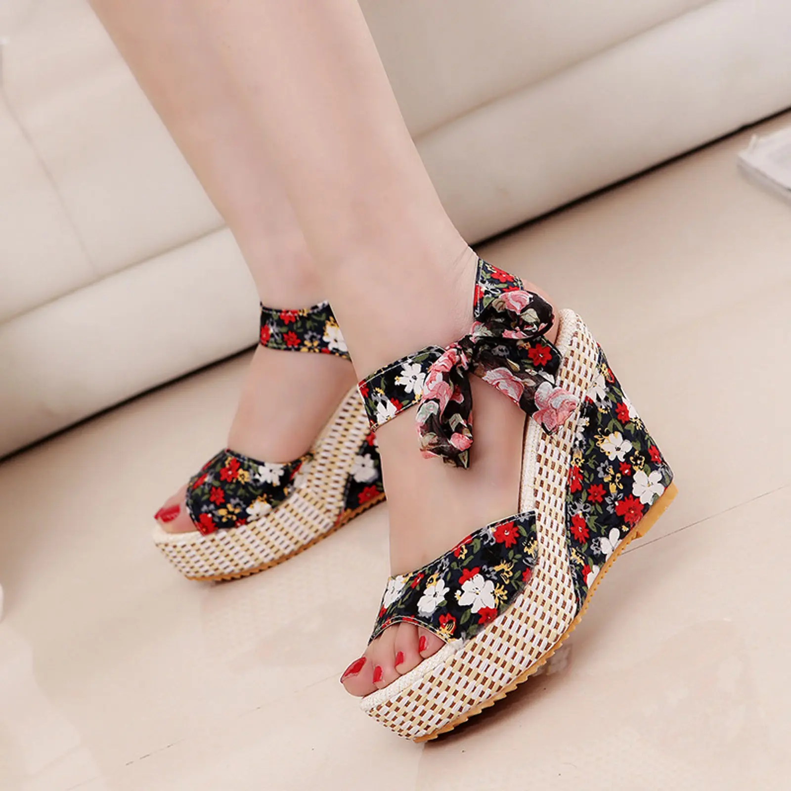 Wedge Heeled Sandals for Women Summer Casual Fish Mouth Hollow Flower Bow Print Fashion Sandal High Heel Temperament Shoes