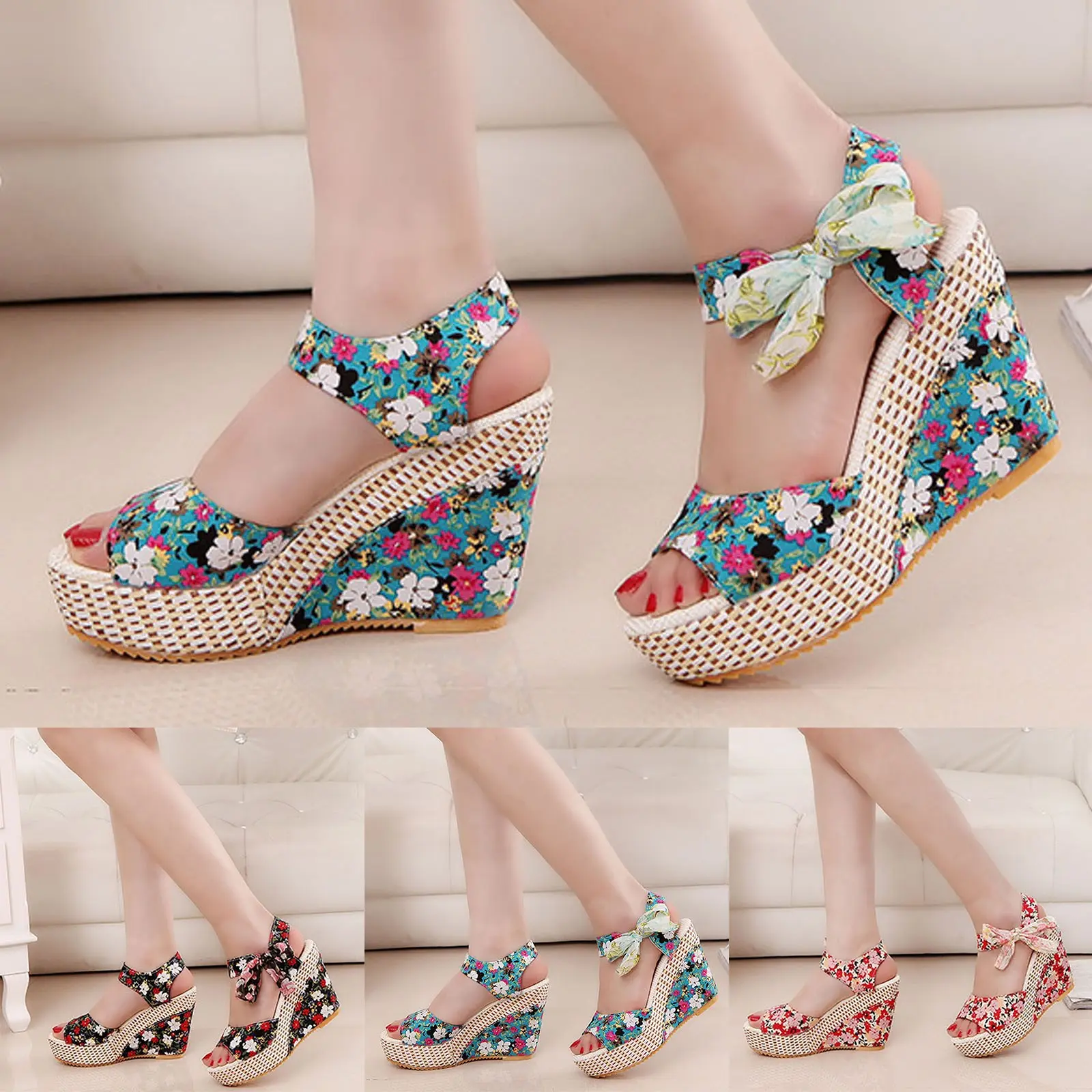 Wedge Heeled Sandals for Women Summer Casual Fish Mouth Hollow Flower Bow Print Fashion Sandal High Heel Temperament Shoes
