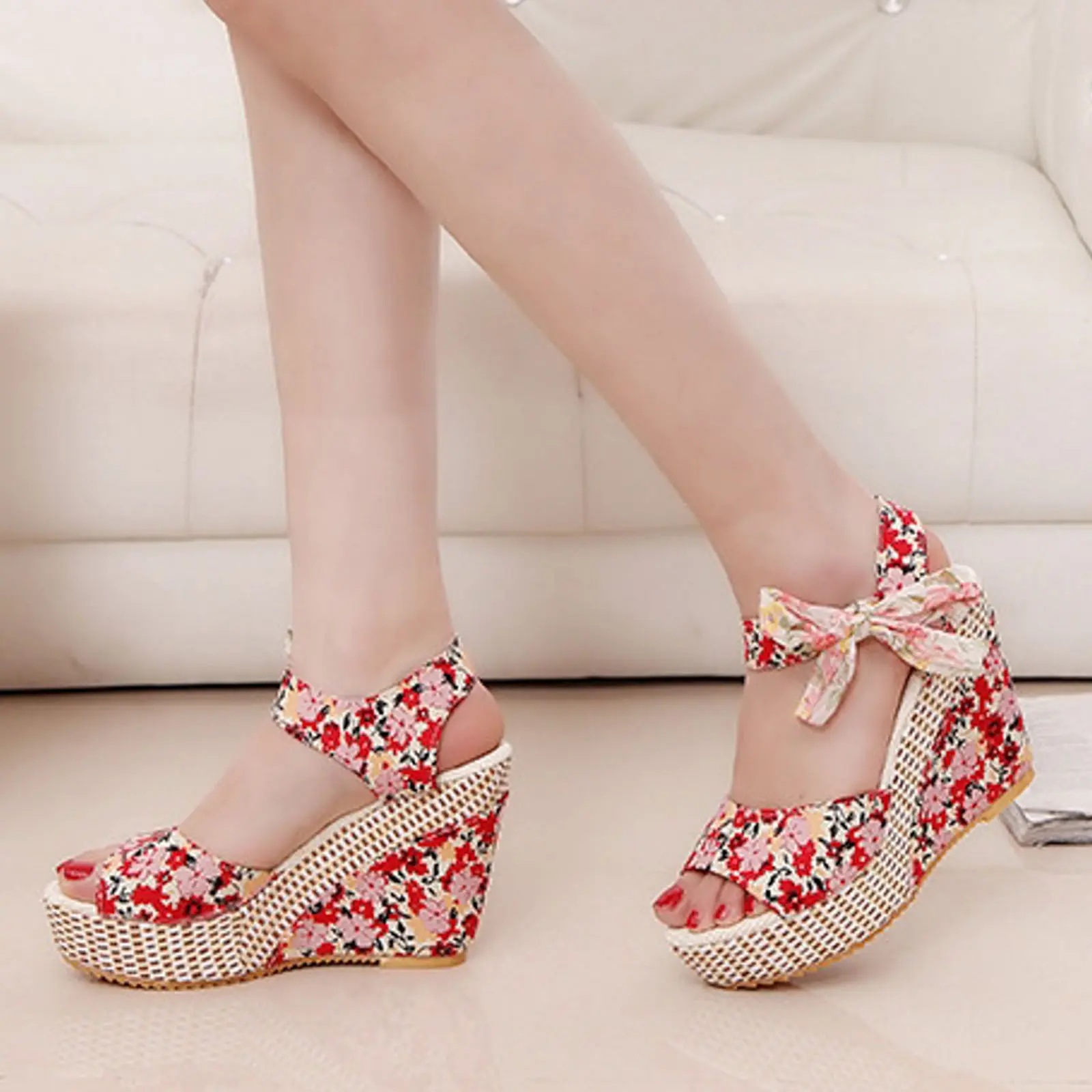 Wedge Heeled Sandals for Women Summer Casual Fish Mouth Hollow Flower Bow Print Fashion Sandal High Heel Temperament Shoes