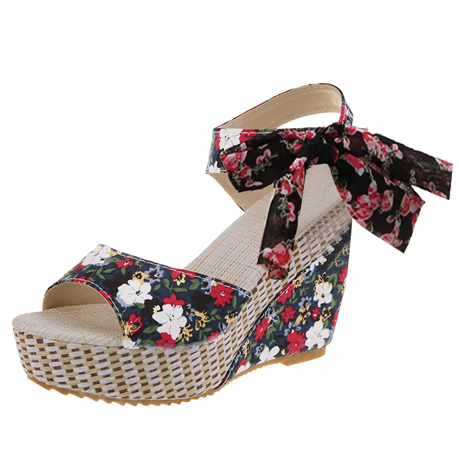 Wedge Heeled Sandals for Women Summer Casual Fish Mouth Hollow Flower Bow Print Fashion Sandal High Heel Temperament Shoes