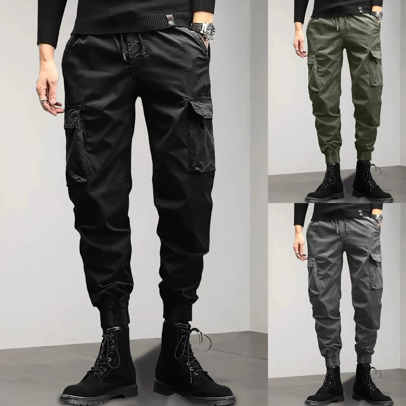 Men's Elastic Waist Cargo Pants Baggy Loose Outdoor Sports Trousers Male Slim Versatile Multi Pocket Tapered Small Feet Pants