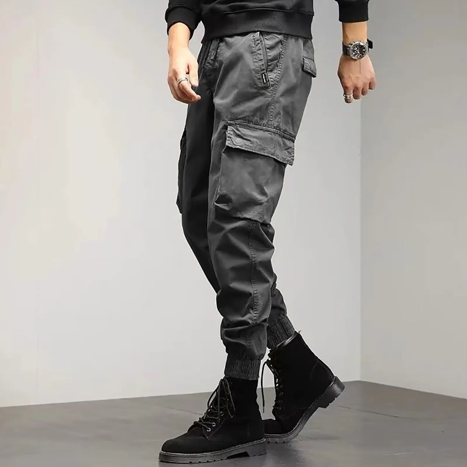 Men's Elastic Waist Cargo Pants Baggy Loose Outdoor Sports Trousers Male Slim Versatile Multi Pocket Tapered Small Feet Pants