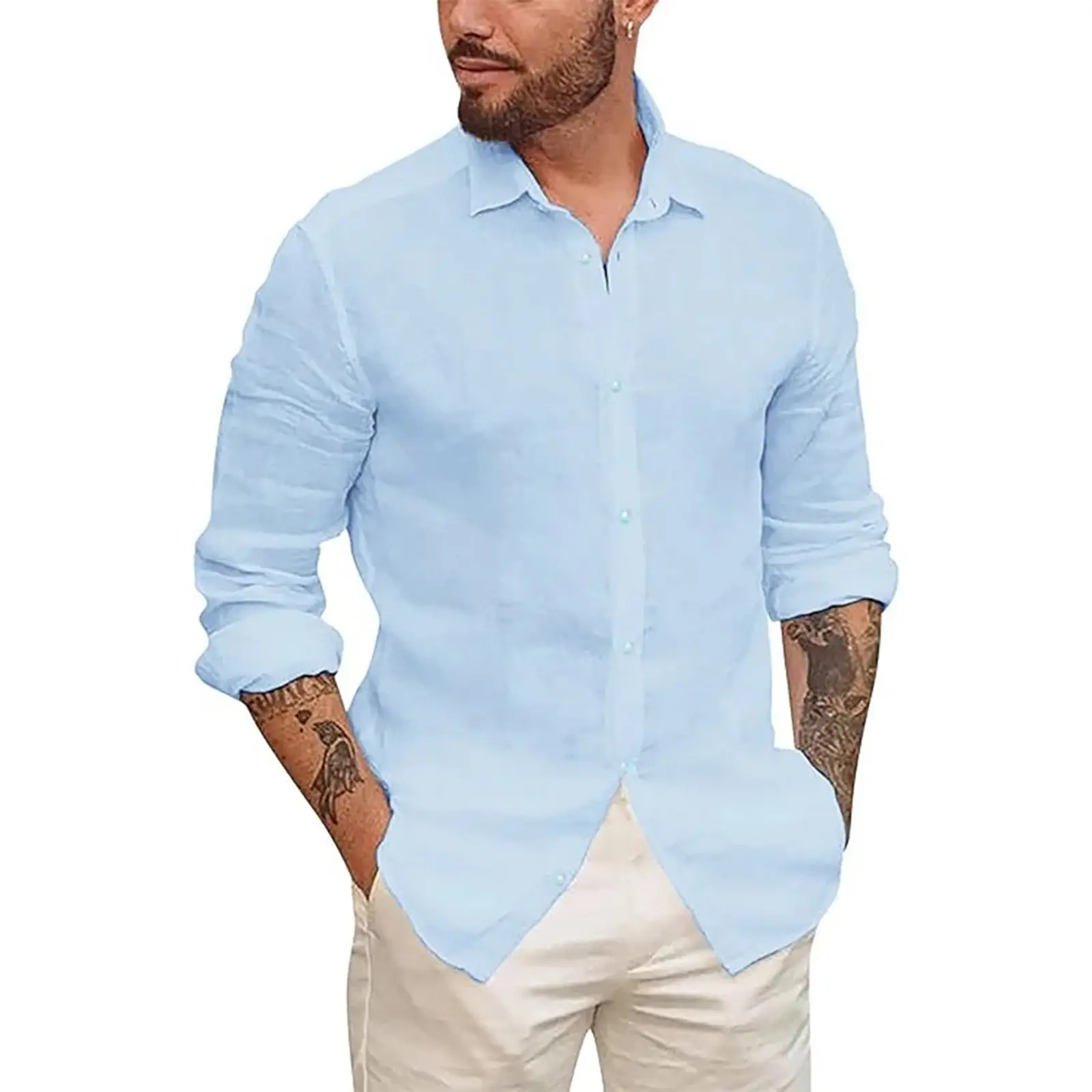 Men's Fashion Linen Shirt Leisure Temperament Solid Color Long Sleeve Lapel Neck Blouse With Button Autumn Plain Casual Shirts
