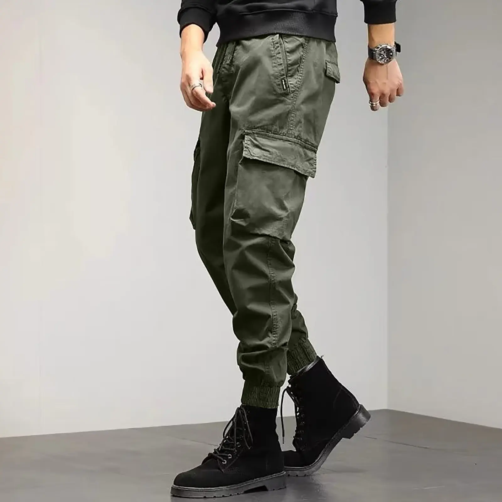 Men's Elastic Waist Cargo Pants Baggy Loose Outdoor Sports Trousers Male Slim Versatile Multi Pocket Tapered Small Feet Pants