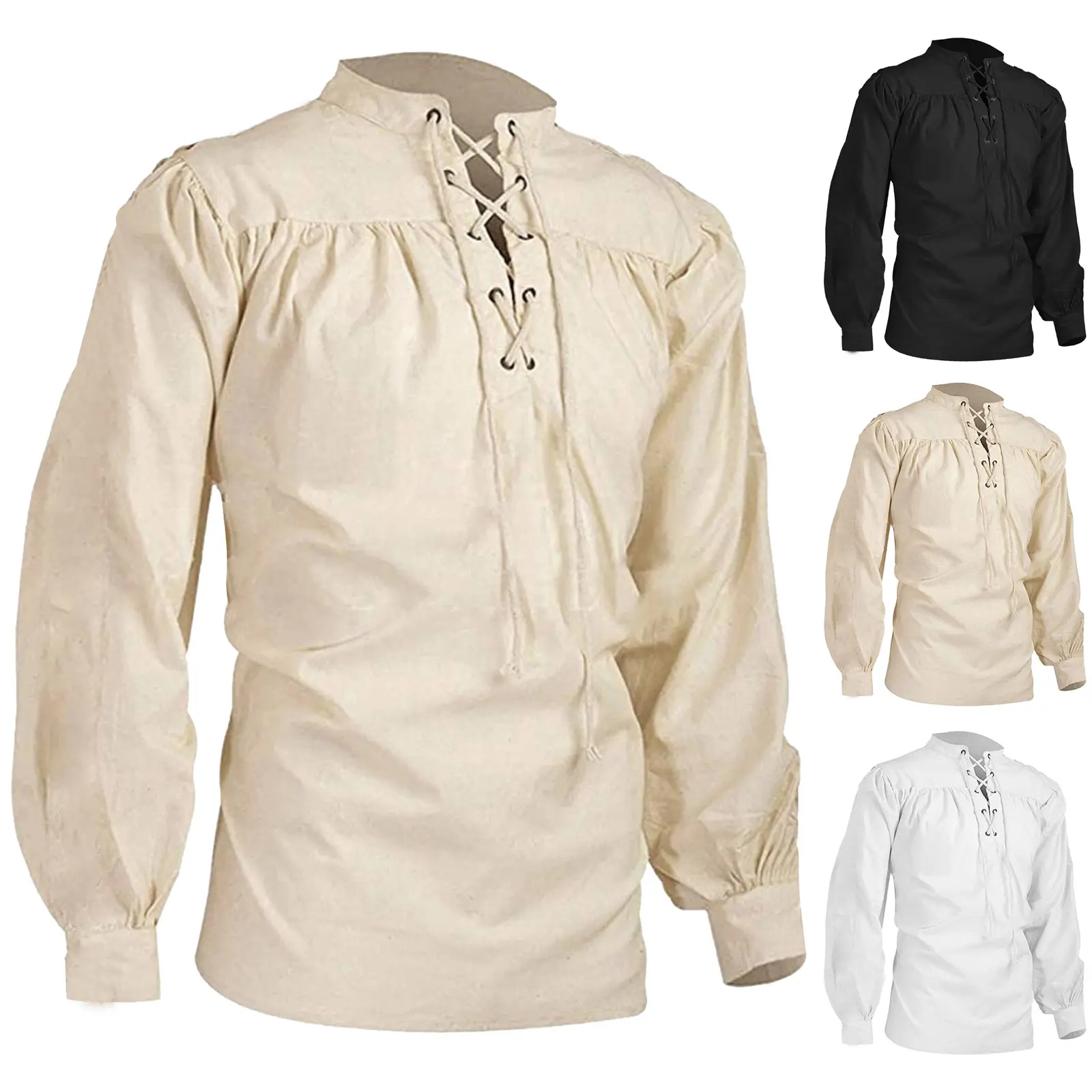 Men Medieval Sweatshirts Fashion Retro Cross Bandage Long Sleeve Gothic Pullover Casual Bubble Sleeve Slim Fit Tops