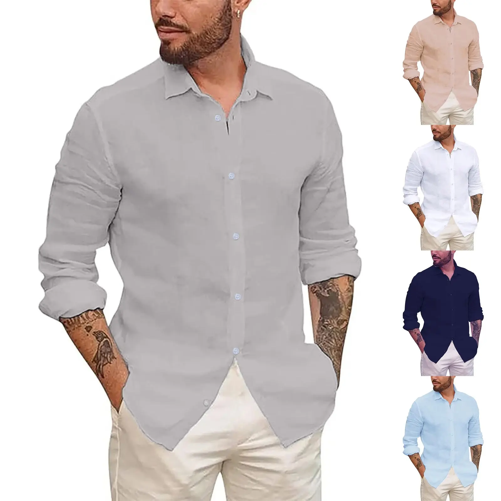 Men's Fashion Linen Shirt Leisure Temperament Solid Color Long Sleeve Lapel Neck Blouse With Button Autumn Plain Casual Shirts